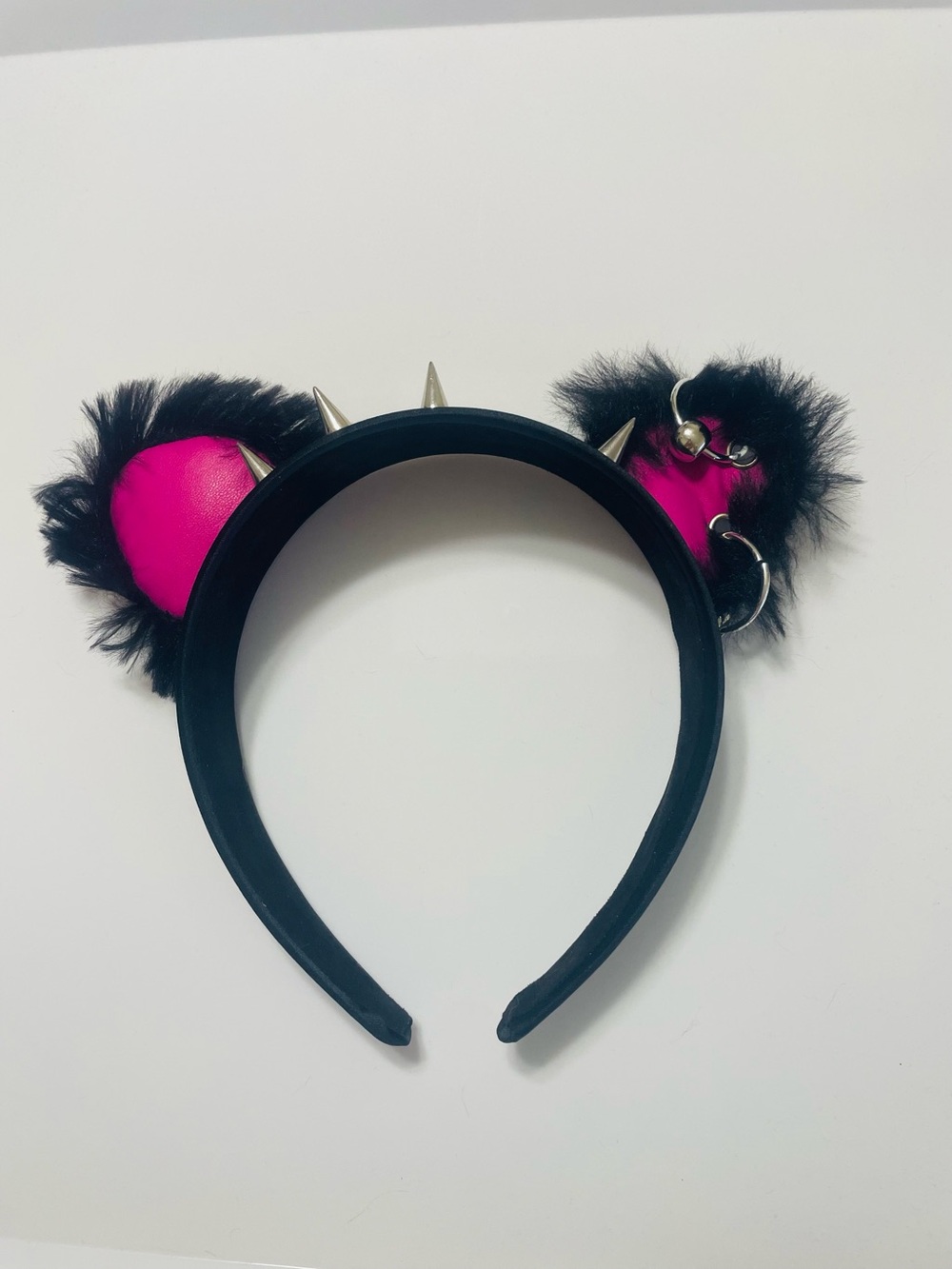Psycho Bunny Black Headband with Pink Faux Fur Cat Ears and Spikes